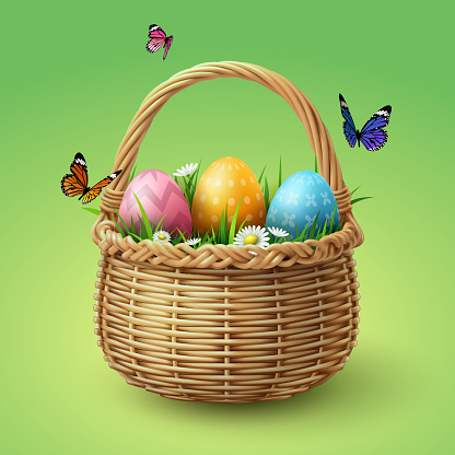 Happy Easter, colorful eggs in basket with butterfly and grass, vector art and illustration.