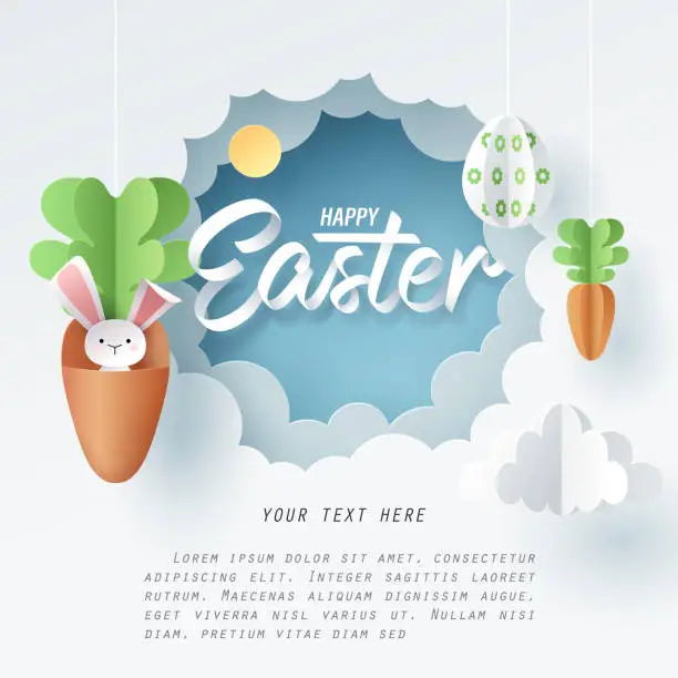 Vector illustration of Paper art of Bunny in carrot and Easter eggs, Happy Easter celebration concept