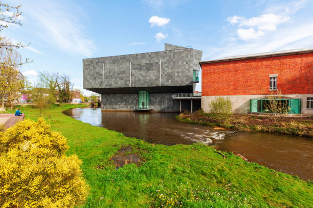 Eindhoven, Netherlands - April 12, 2016: new extension of the Van Abbemuseum with unidentified people. Its a museum of modern and contemporary art. The extension was designed by Abel Cahen, inaugurated 2003 by Queen Beatrix