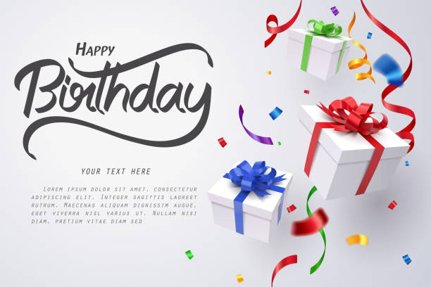 падение подарочная коробка и с днем рождения каллиграфии, с днем рождения праздновать - подарок дня рождения stock illustrations