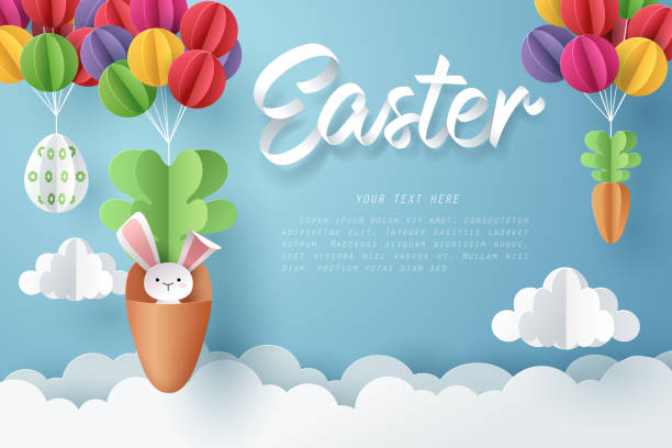 istock Paper art of Bunny in carrot and Easter eggs hang on colorful balloons, Happy Easter celebration concept 1127445511