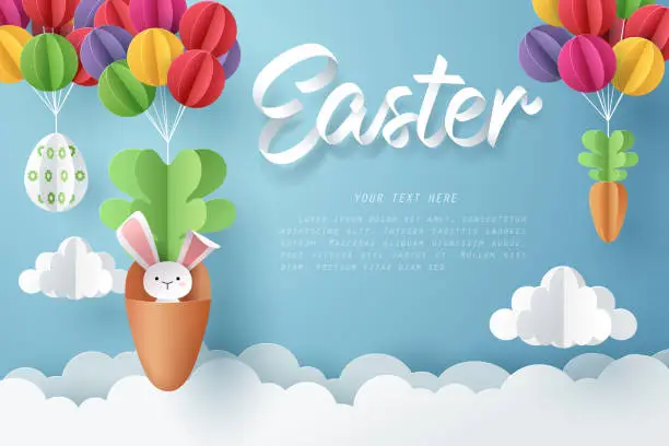 Vector illustration of Paper art of Bunny in carrot and Easter eggs hang on colorful balloons, Happy Easter celebration concept