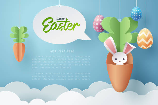 illustrazioni stock, clip art, cartoni animati e icone di tendenza di arte cartacea di bunny in carota e uova di pasqua, concetto di celebrazione di buona pasqua. - pasqua illustrazioni