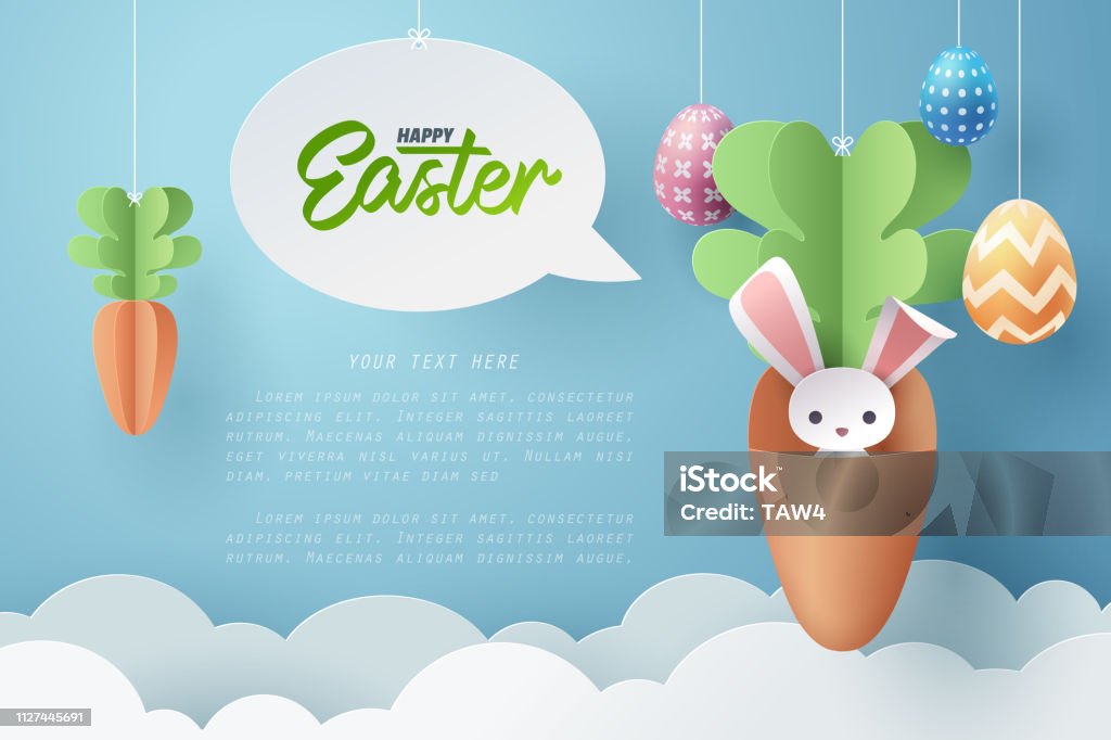 De kunst van het papier van Bunny in wortel en paaseieren, Happy Easter viering concept. - Royalty-free Pasen vectorkunst