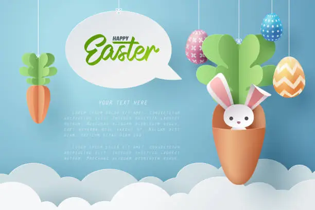 Vector illustration of Paper art of Bunny in carrot and Easter eggs, Happy Easter celebration concept.