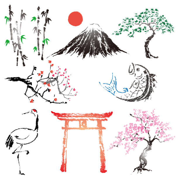 ilustraciones, imágenes clip art, dibujos animados e iconos de stock de conjunto de elementos de diseño de pinceles de estilo japonés y símbolo de la tinta - religion symbol buddhism fish