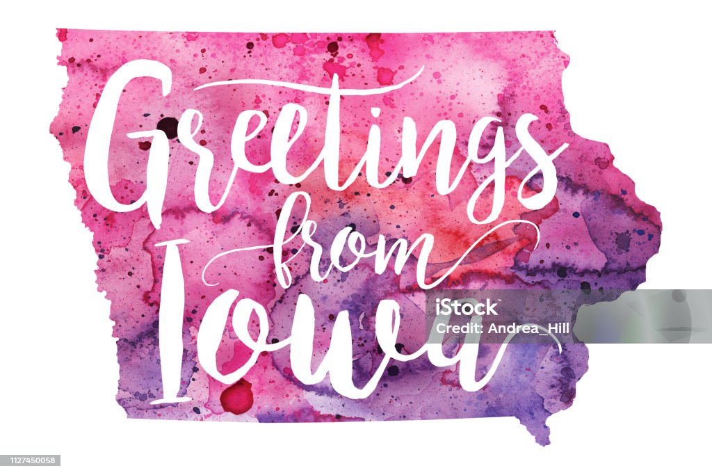 Greetings from Iowa Raster Watercolor Map Illustration American Culture stock illustration