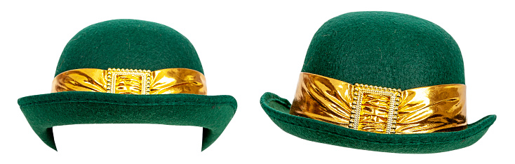 St. Patrick's Day green derby hat in two different positions. Isolated on white with clipping path.