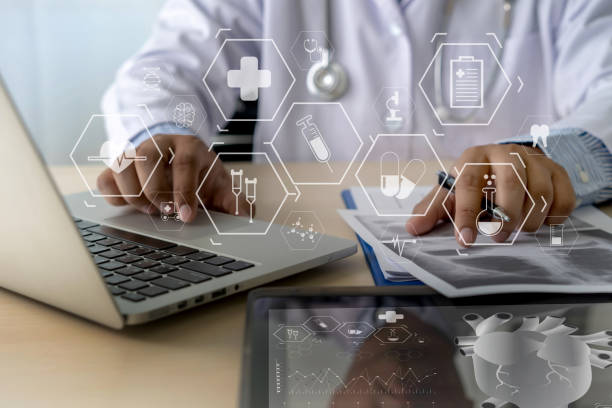 istock Health care writing prescription Doctor working modern virtual screen interface network 1127456797