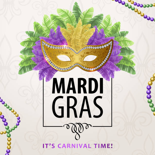 Mardi Gras Carnival Mask & Feather Join the carnival of Mardi Gras celebrations with theater mask, feather and frame on the beads background purple and gold masquerade masks stock illustrations