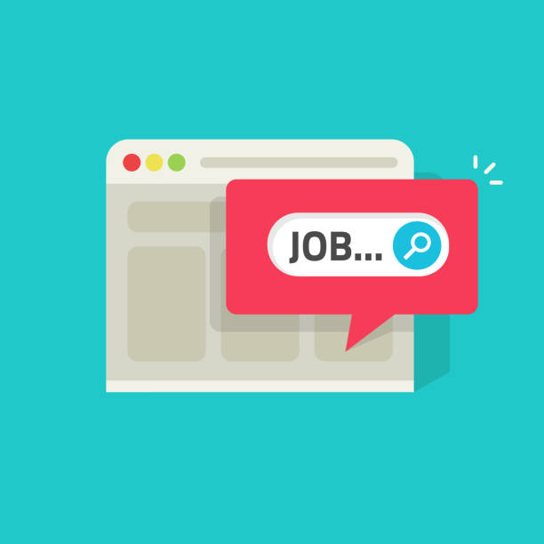 Job search online on website vector illustration, flat web page with job notification icon Job search online on website vector illustration, flat cartoon web page with job notification icon cartoon of a searching stock illustrations