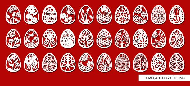 illustrations, cliparts, dessins animés et icônes de ensemble d’éléments décoratifs - oeufs de pâques avec ornement floral. - decoration eggs leaf easter
