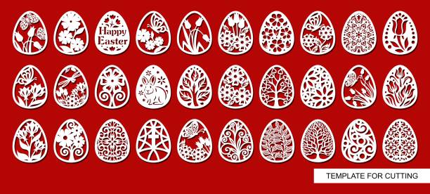 illustrazioni stock, clip art, cartoni animati e icone di tendenza di set di elementi decorativi - uova di pasqua con ornamento floreale. - floral pattern butterfly easter easter egg