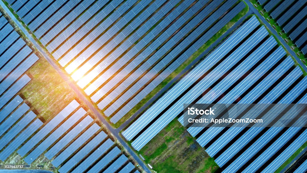Aerial view of solar cell field. Solar Energy Stock Photo