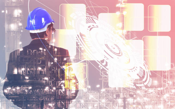 istock Double exposure engineer man wearing helmet standing with industrial technology icons for and gas industry background. 1127464459