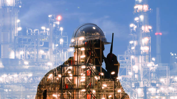 istock Double exposure Engineers are speaking through radio communications. Mixed media on background. 1127464662