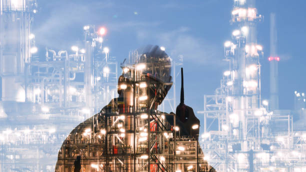 istock Double exposure Engineers are speaking through radio communications. Mixed media on background. 1127464664