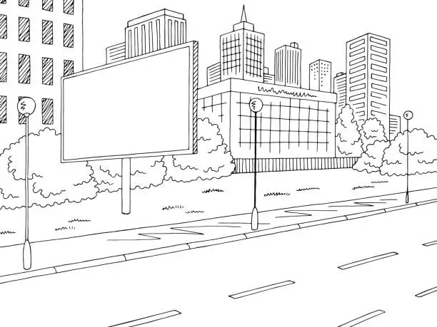 Vector illustration of Road billboard graphic black white city landscape sketch illustration vector