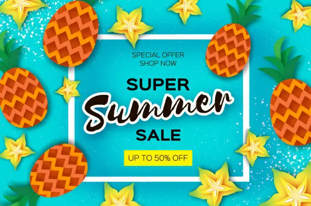 Vector illustration of Pineappple and carambola. Ananas and starfruit Super Summer Sale Banner in paper cut style. Origami juicy ripe slices. Healthy food on blue. Square frame for text. Summertime.