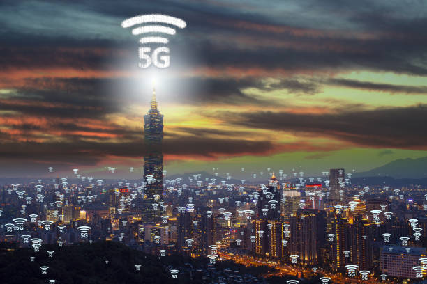 istock Network connection technology in the city, with 5g internet networking sign 1127467493