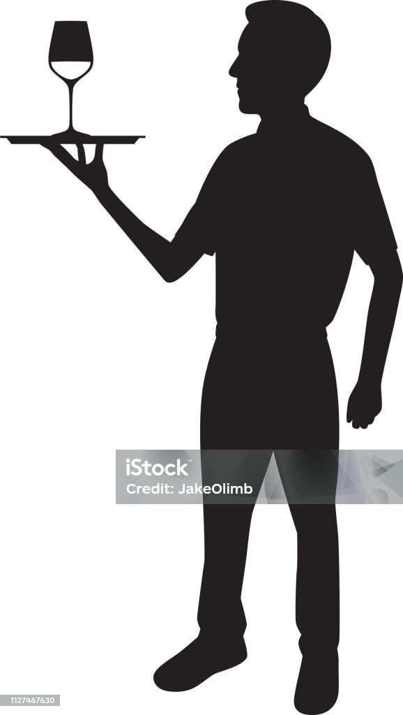 Waiter Holding Tray with Wine Glass Silhouette Vector silhouette of a waiter holding a tray with a wine glass on it. In Silhouette stock vector