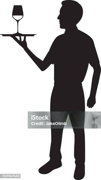 Waiter Holding Tray With Wine Glass Silhouette Stock Illustration - Download Image Now - In Silhouette, Bartender, Butler