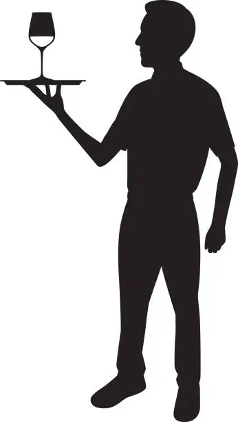 Vector illustration of Waiter Holding Tray with Wine Glass Silhouette