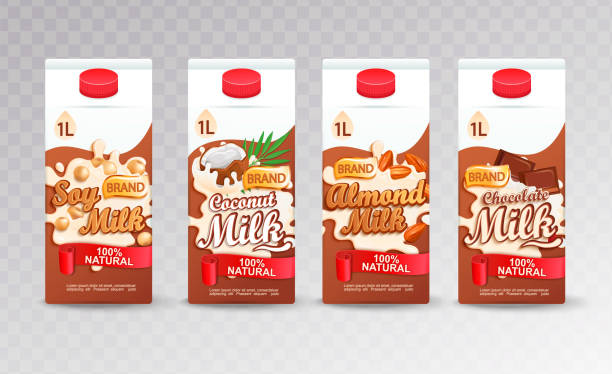 reihe von milch tetrapacks mit verschiedenen geschmacksrichtungen. - dairy farm liquid food and drink splashing stock-grafiken, -clipart, -cartoons und -symbole