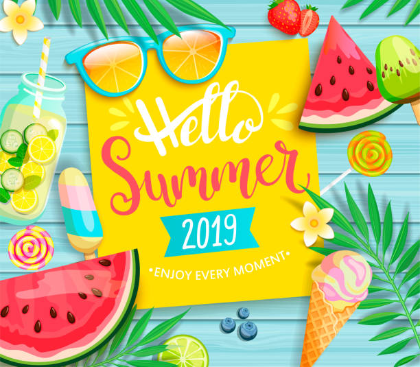 Hello summer 2019 yellow card or banner. Hello summer 2019 yellow card or banner with handdrawn lettering on blue wooden background with watermelon, detox, ice, ice cream,sunglasses and candy, blueberry. Vector Illustration. summer stock illustrations