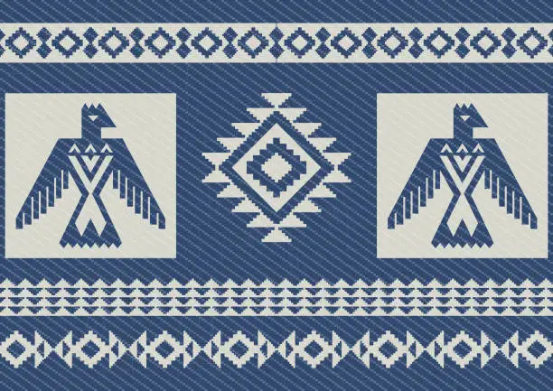 Vector illustration of Abstract ethnic pattern with eagles. Blue denim background