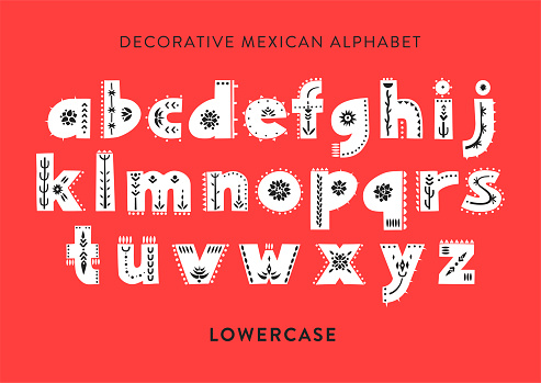 Vector patterned alphabet decorated with folk mexican ornaments.  Display lowercase font on a red background.