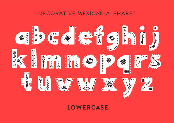 Vector patterned alphabet decorated with folk mexican ornaments.  Display lowercase font on a red background. Vector patterned alphabet decorated with folk mexican ornaments.  Display lowercase font on a red background. cactus plant needle pattern stock illustrations