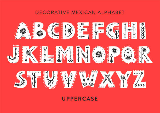 Vector patterned alphabet decorated with folk mexican ornaments.  Display uppercase font on a red background. Vector patterned alphabet decorated with folk mexican ornaments.  Display uppercase font on a red background. cactus plant needle pattern stock illustrations