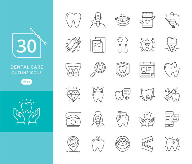 ilustrações, clipart, desenhos animados e ícones de ícones de linha fina de medicina dentária de vetor - dental implant dental hygiene dentures prosthetic equipment