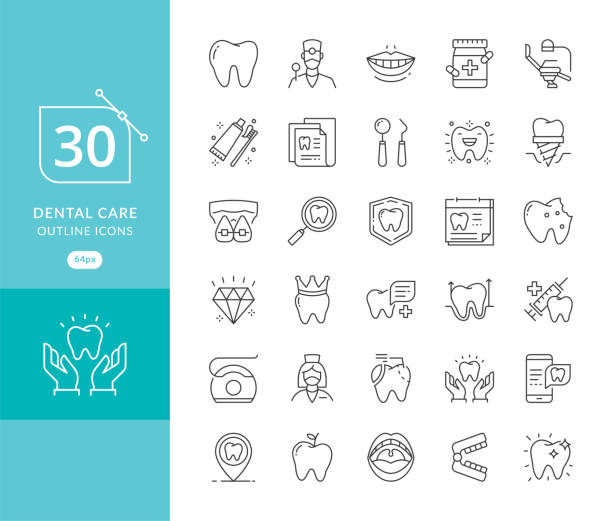 Vector dental medicine thin line icons Vector dental medicine thin line icons. Modern thin line icons of dental care and dentist services. Dental care equipment, braces, tooth prosthesis, veneers, floss, caries treatment and more dentist stock illustrations