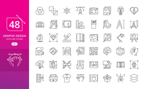 Set of thin line icons of graphic design Set of thin line icons of graphic design. Simple linear icons in a modern style flat, Creative Process. Graphic design, creative package, stationary, software and more balance drawings stock illustrations