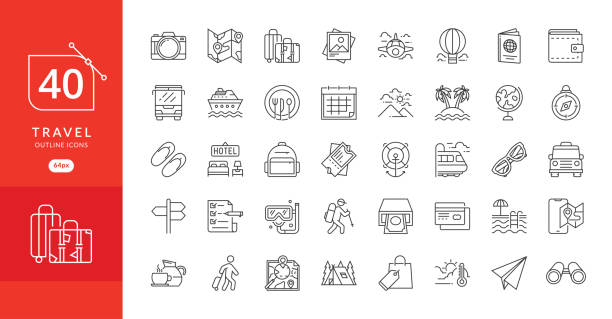 zestaw prostych ikon podróży - photograph travel people traveling luggage stock illustrations