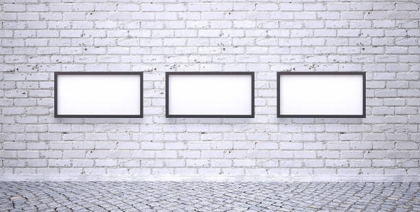 istock Copy space frame, banner on white brick wall with stone floor - Stage light 1127473513