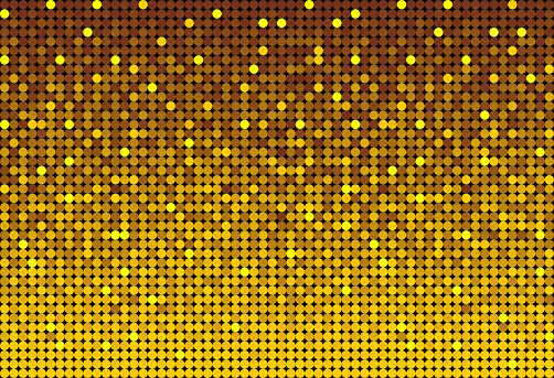 Horizontal banner or background with golden sequins, glitters, sparkles, paillettes. Disco party background with shiny sequins. Gold dot glitter texture. Metallic glowing cloth. Bright wall. Repeat.