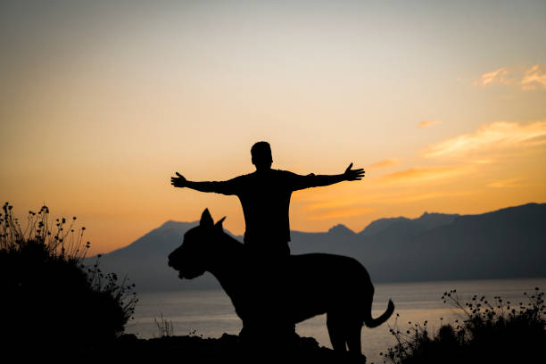 istock Man with his dog at sunset 1127474130