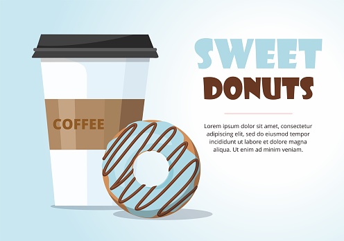 Donut and  and take away coffee on blue background. Vector Illustration