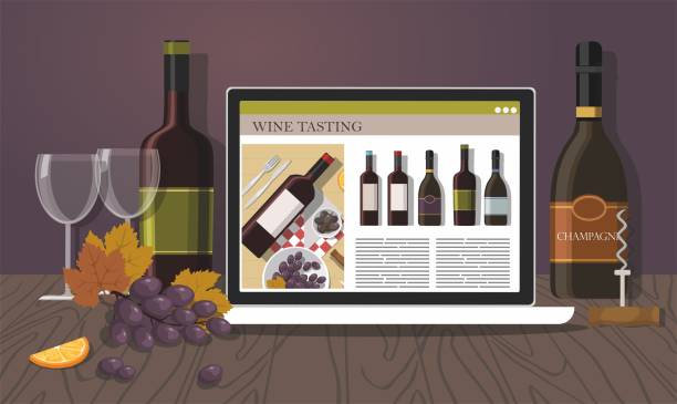 ilustraciones, imágenes clip art, dibujos animados e iconos de stock de botellas de vino, notebook, uva y dos copas. cata de vino rojo. - wine red wine pouring wineglass
