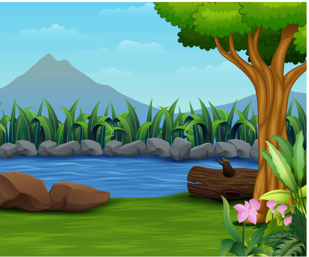 ilustrações de stock, clip art, desenhos animados e ícones de nature lanscape with a river and mountain backround - riverbank