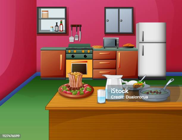 Ilustración de Interior De Cocina De Rosa Estilo Dibujos Animados Con Mesa De Madera Y Comida y más Vectores Libres de Derechos de Alimento - iStock Ilustración de Interior De Cocina De Rosa Estilo Dibujos Animados Con Mesa De Madera Y Comida y más Vectores Libres de Derechos de Alimento - iStock