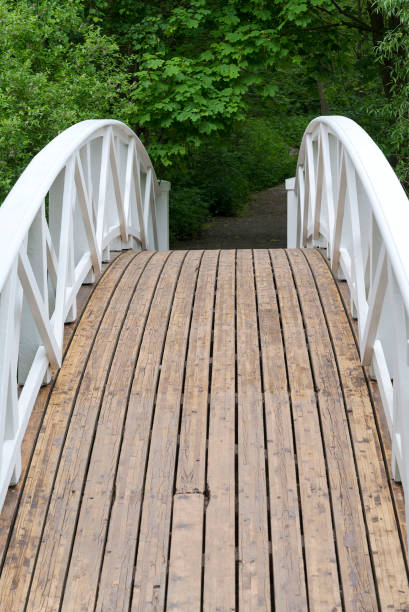istock Round wooden bridge across the river. 1127476616
