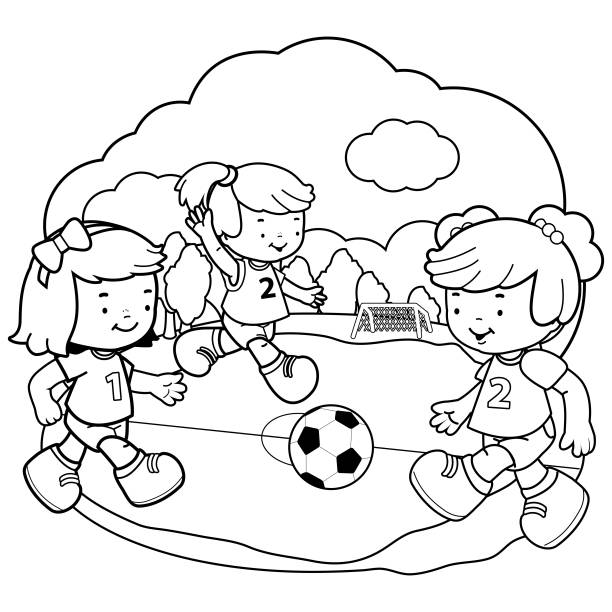 illustrations, cliparts, dessins animés et icônes de jeunes filles jouant au soccer. vector noir et blanc livre coloriage - soccer child silhouette sport