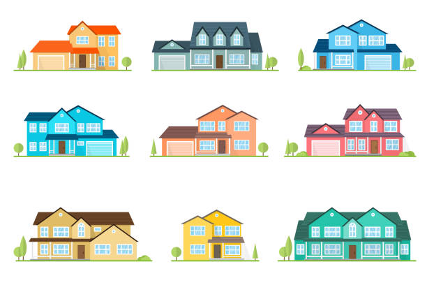 扁平圖示郊區美國的房子。對於網頁設計和應用程式介面, 也適用于資訊圖表。家庭房子圖示查出在白色背景。帶彩色屋頂的家庭外立面 - house 幅插畫檔、美工圖案、卡通及圖標