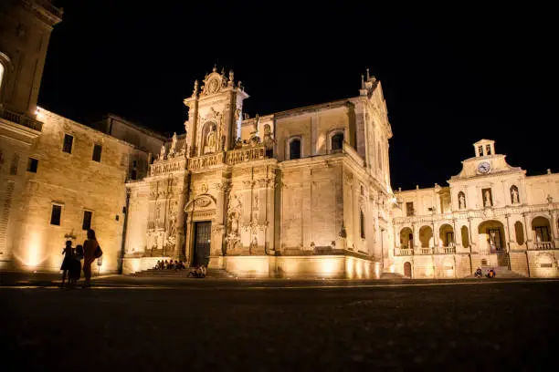 Night view of the Piazza del Duomo in Lecce in Puglia Italy