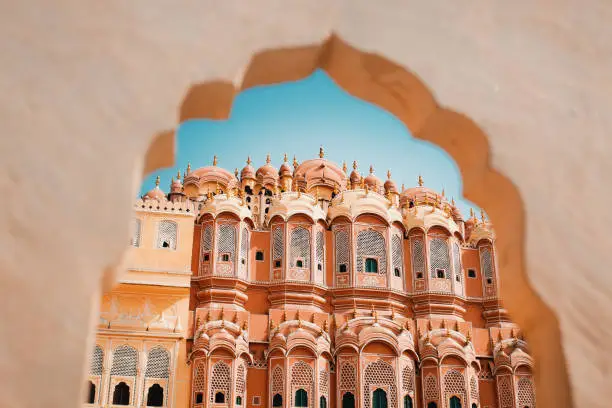 Inside of the Hawa Mahal or The palace of winds at Jaipur India. It is constructed of red and pink sandstone.