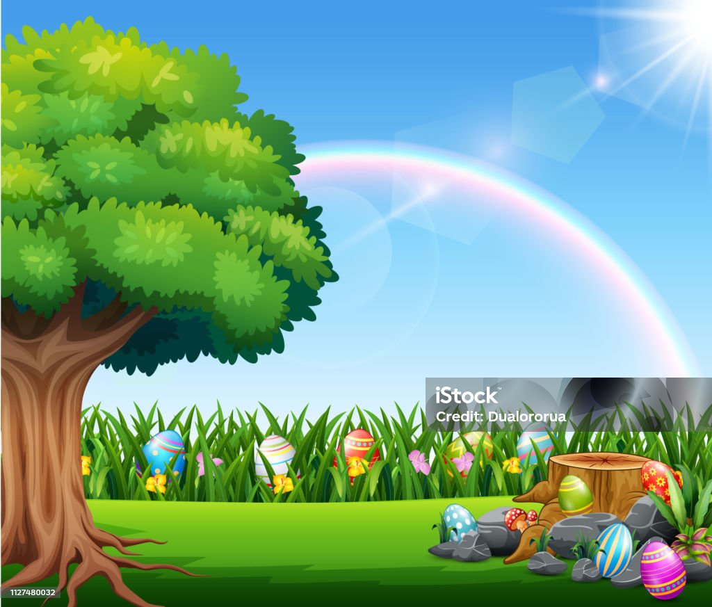 Happy Easter Nature Background With Rainbow Stock Illustration - Download  Image Now - April, Beauty, Cartoon - iStock